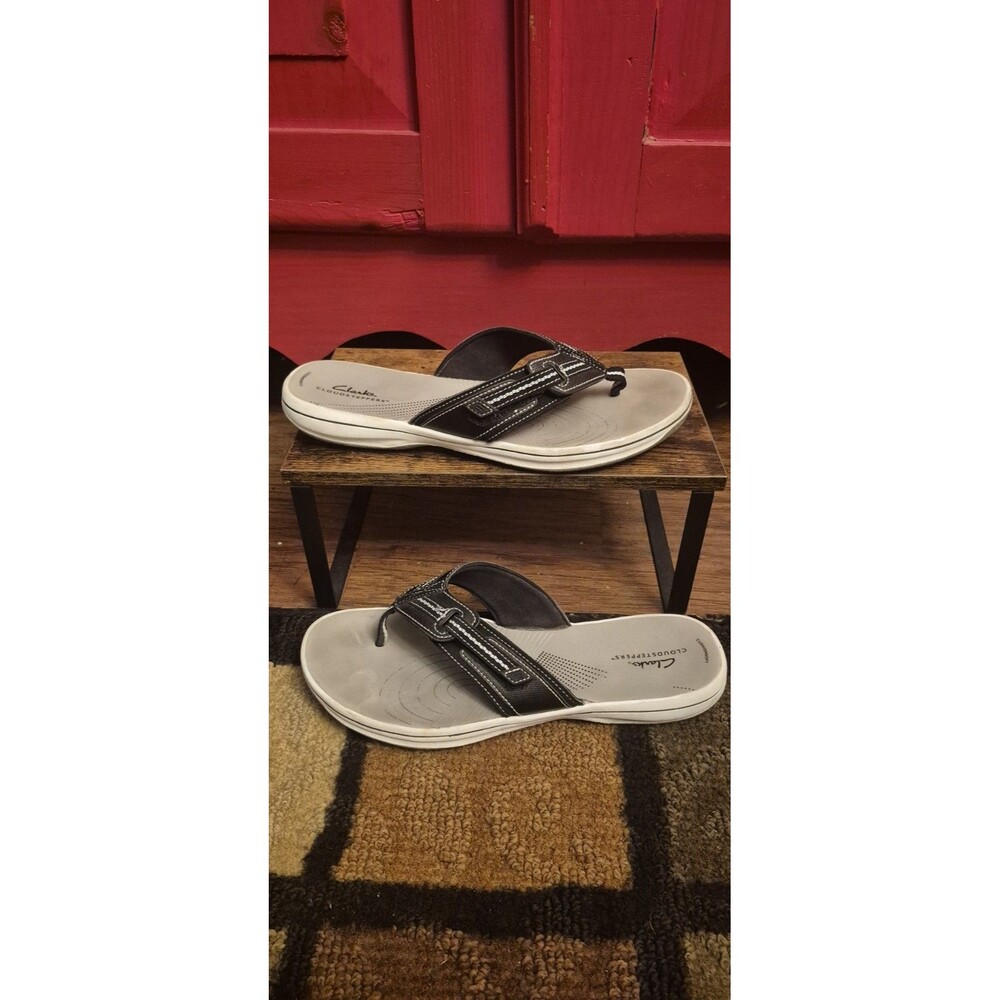 Clarks Cloudsteppers 11 Brinkley Jazz Flip Flops Womens Black Gray Sandals EUC